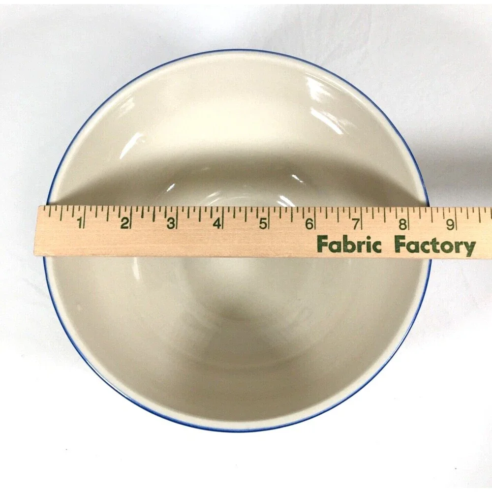 Vtg Yellow Ware Ceramic Blue Floral Leaf 8.5